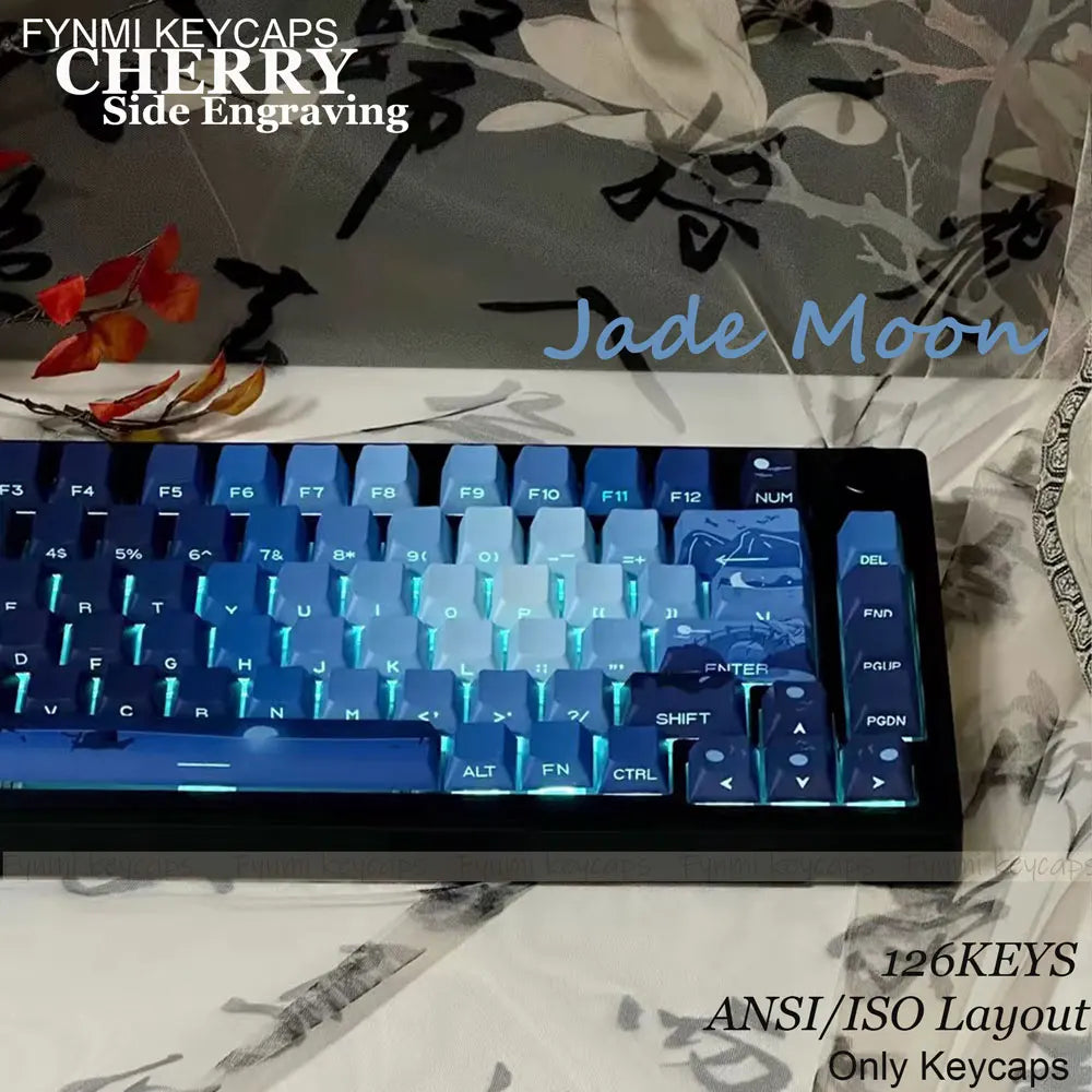 Fynmi Jade Moon ISO/ANSI Cherry Side Engraving 126 keys PBT Double Shoting keycaps for Mechanical Keyboard