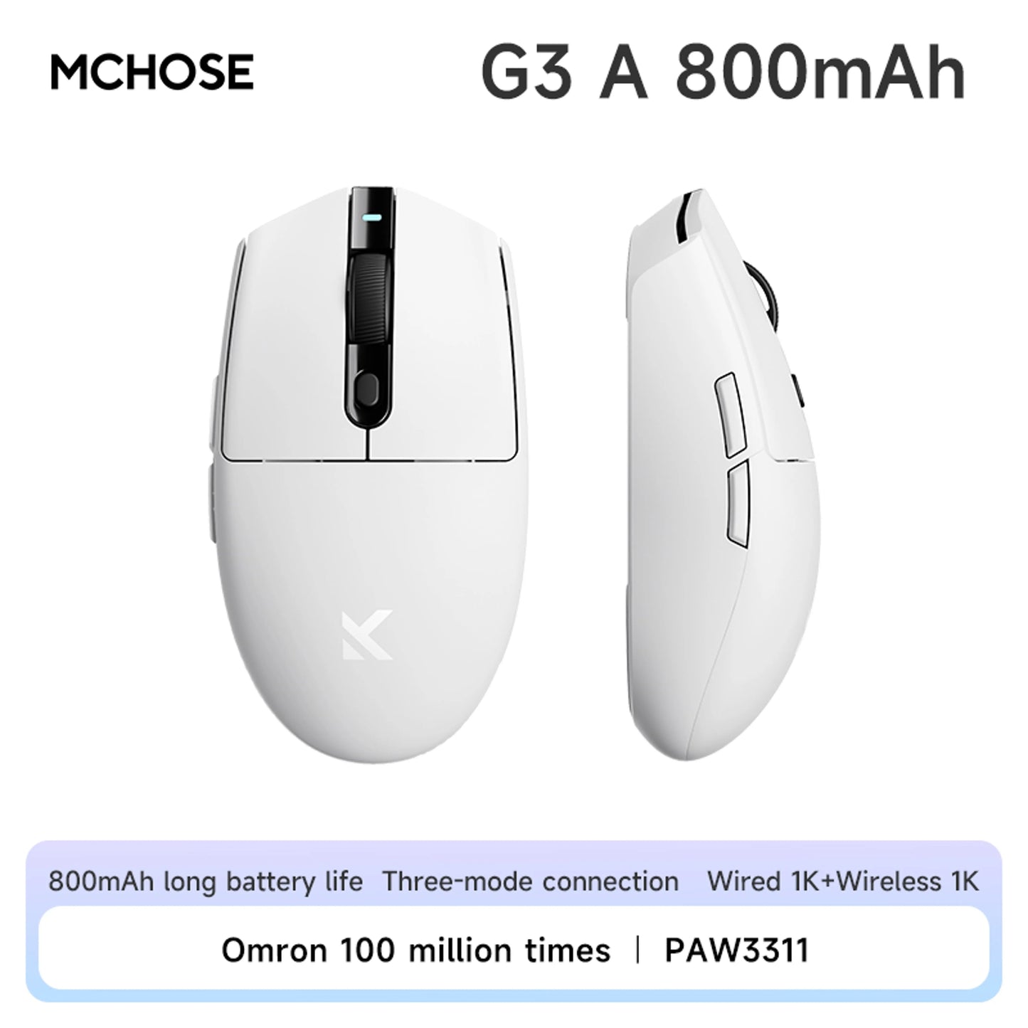MCHOSE G3 Tri-Mode Wireless Gaming Mouse-PAW3311 Sensor,Type-C 2.4G/Bluetooth/Wired,Ultra-Light Ergonomic for PC/Laptop Gaming