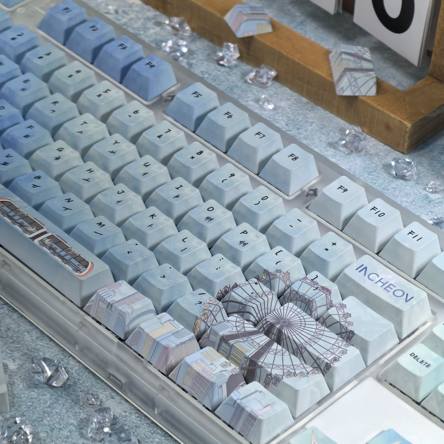 Wolmido Korean Keycaps Blue Turquoise Cherry Pbt Ferris Wheel Sea Train Lighthouse Seagull Hangul Keycap For Mechanical Keyboard