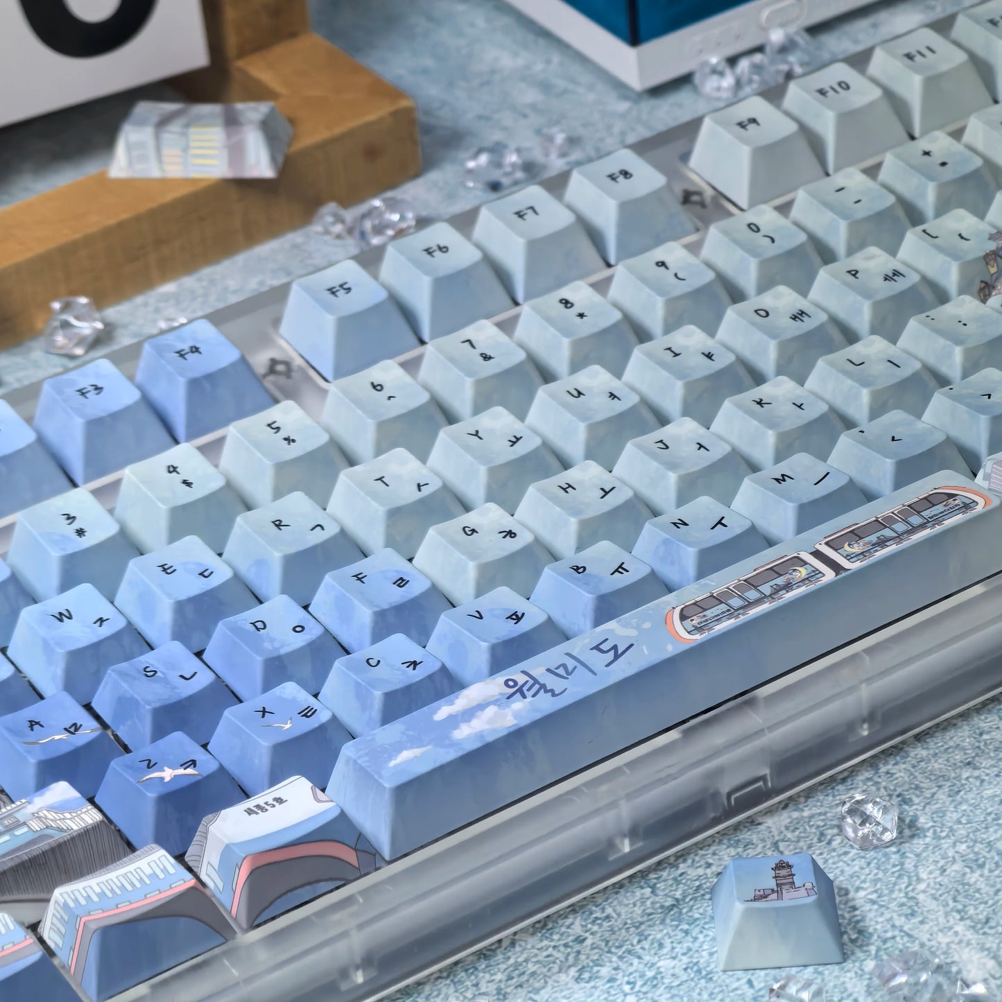 Wolmido Korean Keycaps Blue Turquoise Cherry Pbt Ferris Wheel Sea Train Lighthouse Seagull Hangul Keycap For Mechanical Keyboard