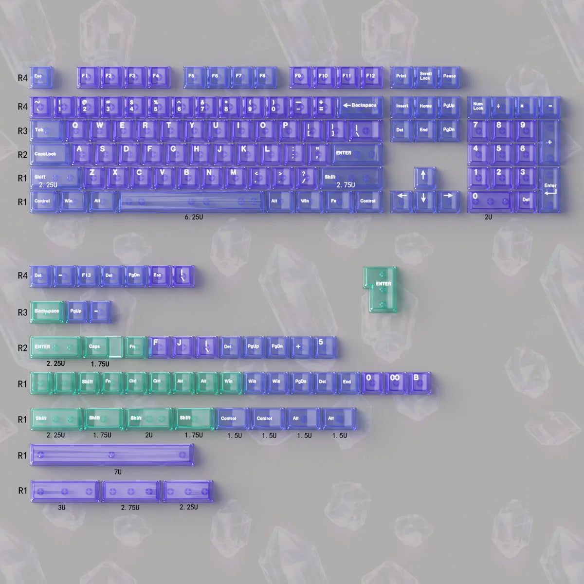 Purple Crystal Clear Keycaps Set 156 keys Cherry Profile Transparent Keycaps UV pad print For Mx Switches Mechanical Keyboard
