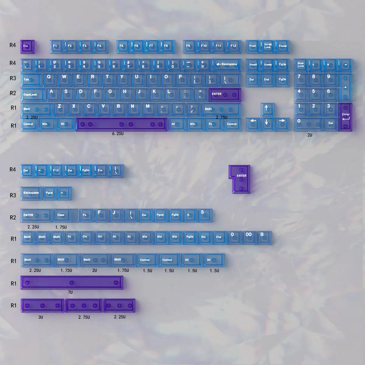 Purple Crystal Clear Keycaps Set 156 keys Cherry Profile Transparent Keycaps UV pad print For Mx Switches Mechanical Keyboard