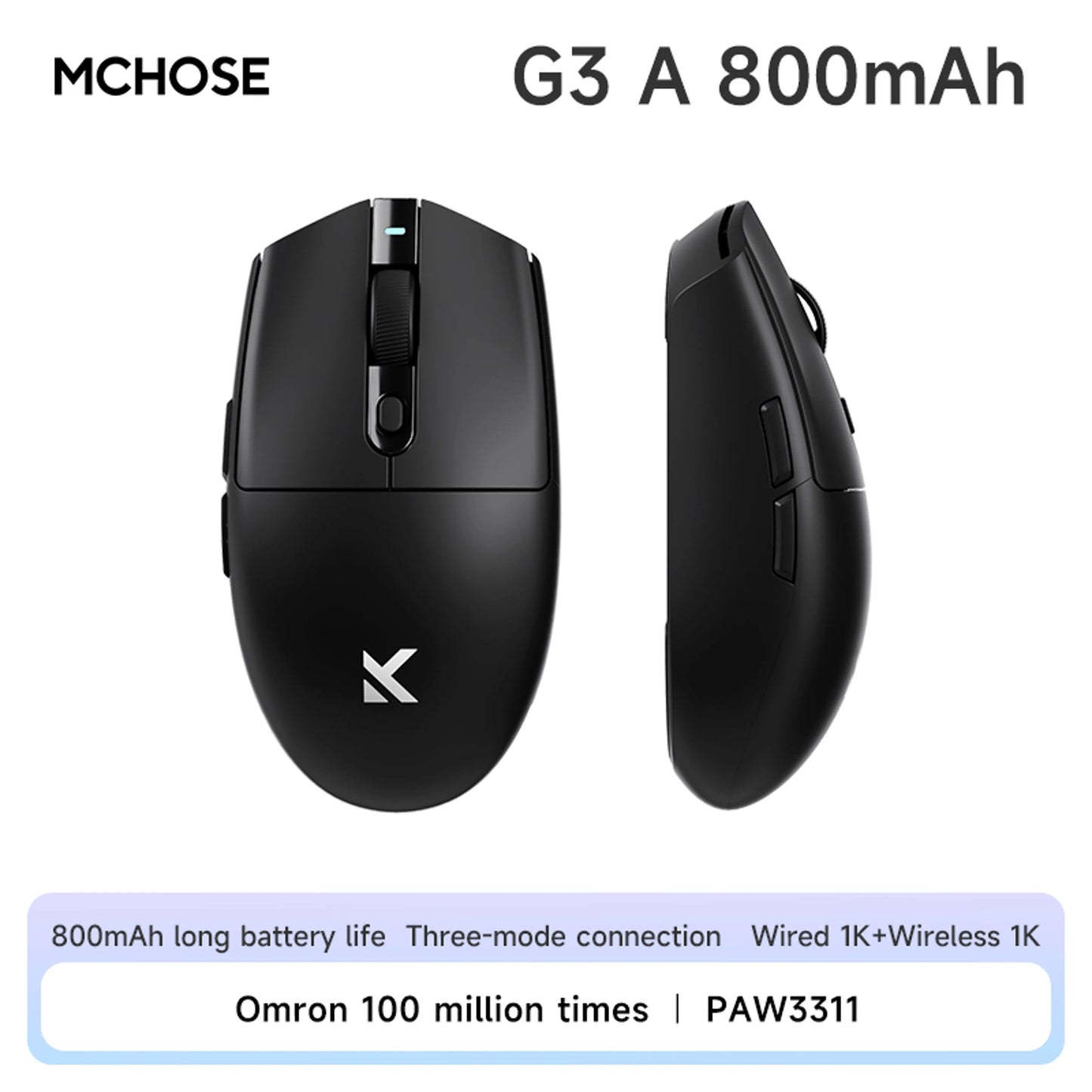 MCHOSE G3 Tri-Mode Wireless Gaming Mouse-PAW3311 Sensor,Type-C 2.4G/Bluetooth/Wired,Ultra-Light Ergonomic for PC/Laptop Gaming