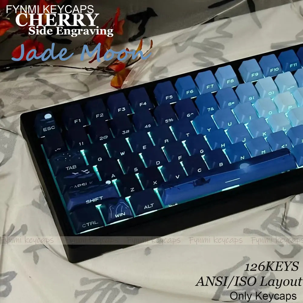 Fynmi Jade Moon ISO/ANSI Cherry Side Engraving 126 keys PBT Double Shoting keycaps for Mechanical Keyboard