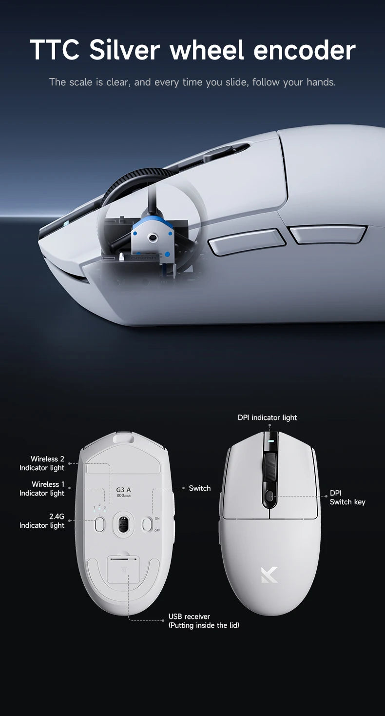 MCHOSE G3 Tri-Mode Wireless Gaming Mouse-PAW3311 Sensor,Type-C 2.4G/Bluetooth/Wired,Ultra-Light Ergonomic for PC/Laptop Gaming