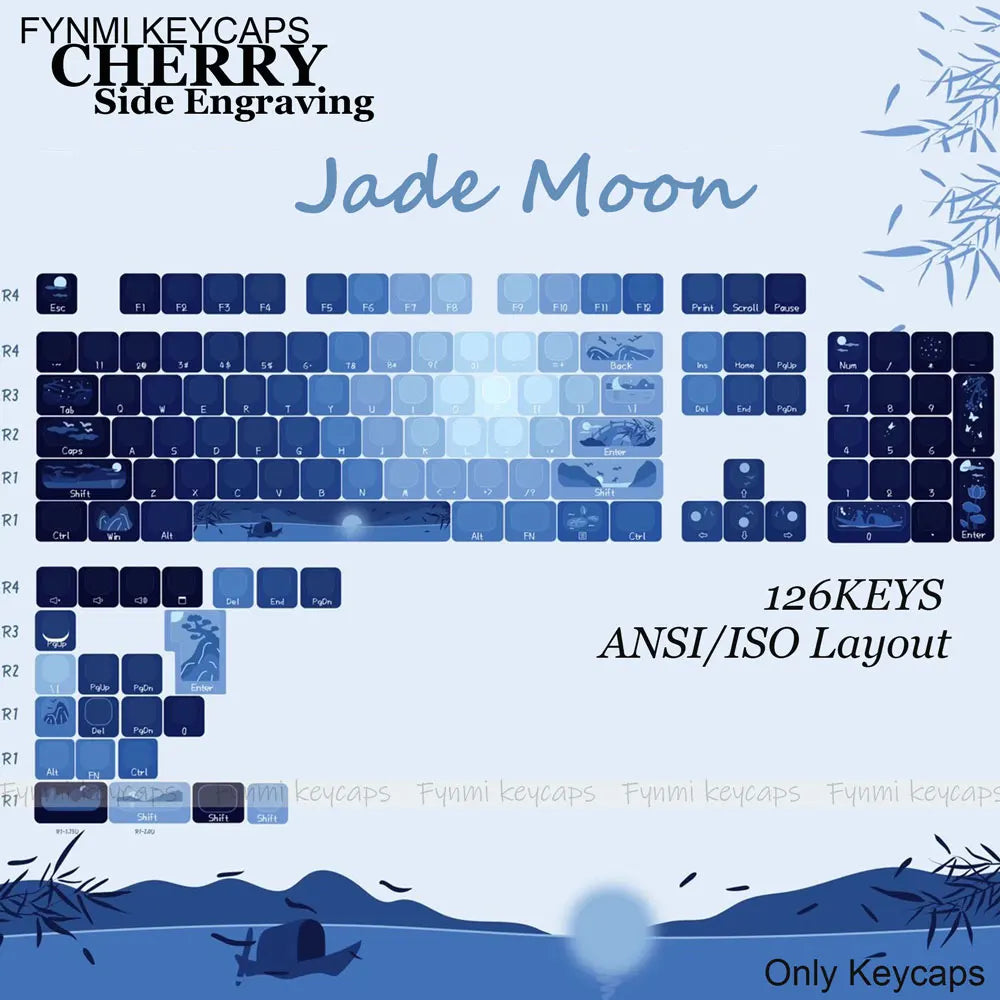 Fynmi Jade Moon ISO/ANSI Cherry Side Engraving 126 keys PBT Double Shoting keycaps for Mechanical Keyboard