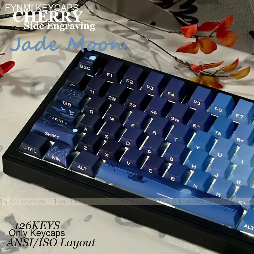 Fynmi Jade Moon ISO/ANSI Cherry Side Engraving 126 keys PBT Double Shoting keycaps for Mechanical Keyboard