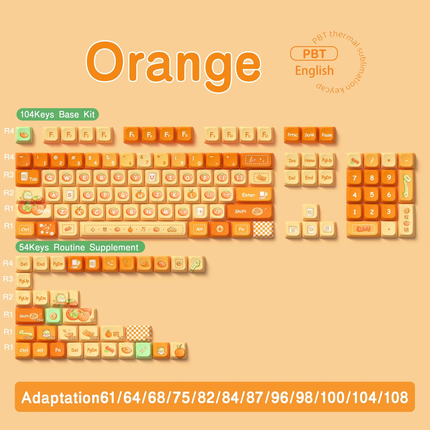 138/158key orange themed keycaps MDA profile Pbt thermal sublimation original cute keycaps mechanical game keyboard key cap gift