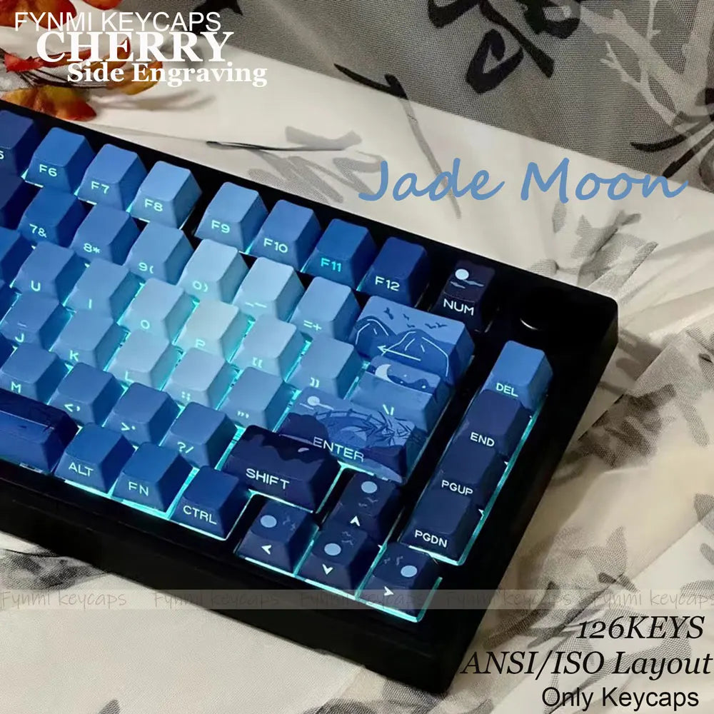 Fynmi Jade Moon ISO/ANSI Cherry Side Engraving 126 keys PBT Double Shoting keycaps for Mechanical Keyboard