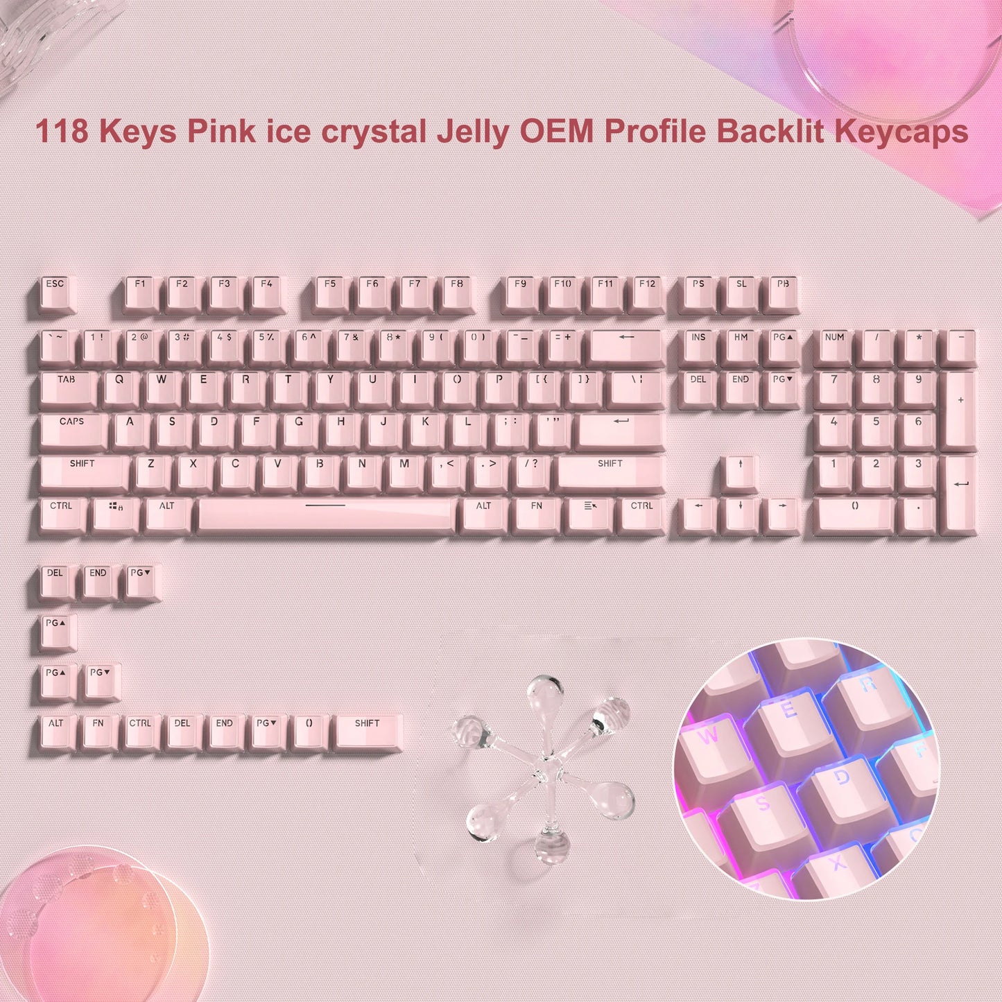 113鍵果凍圓形側鍵帽冰晶半透明粉紅OEM鍵帽適用於Cherry MX 61 68 104機械式鍵盤