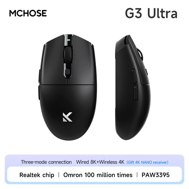 MCHOSE G3 Tri-Mode Wireless Gaming Mouse-PAW3311 Sensor,Type-C 2.4G/Bluetooth/Wired,Ultra-Light Ergonomic for PC/Laptop Gaming