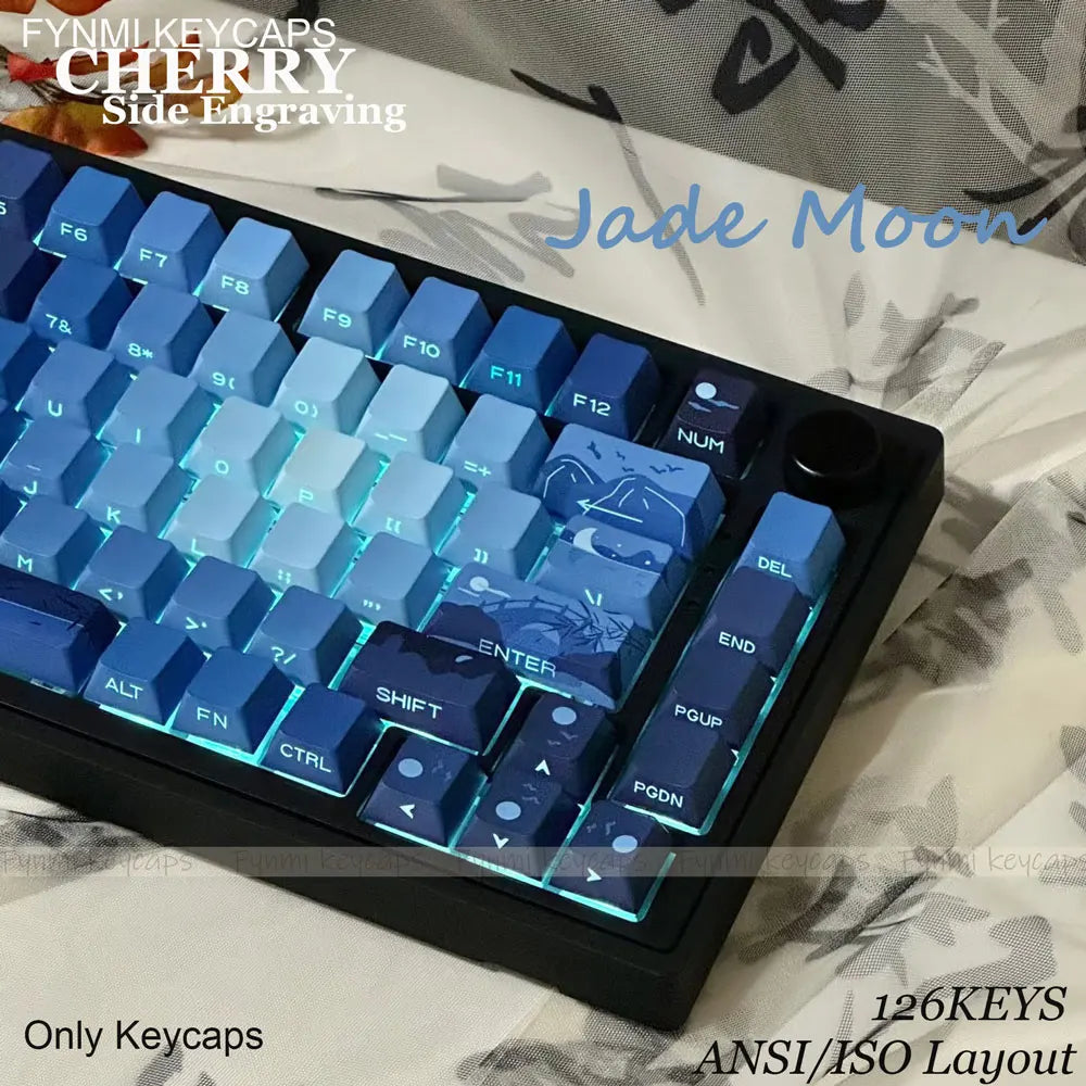 Fynmi Jade Moon ISO/ANSI Cherry Side Engraving 126 keys PBT Double Shoting keycaps for Mechanical Keyboard