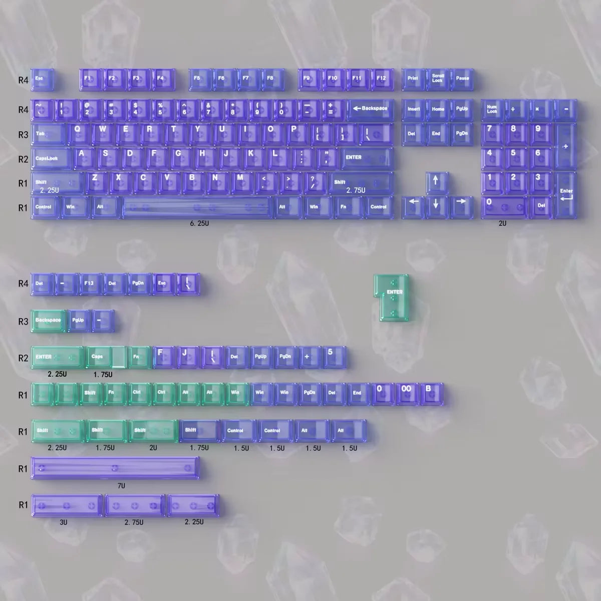 Purple Crystal Clear Keycaps Set 156 keys Cherry Profile Transparent Keycaps UV pad print For Mx Switches Mechanical Keyboard
