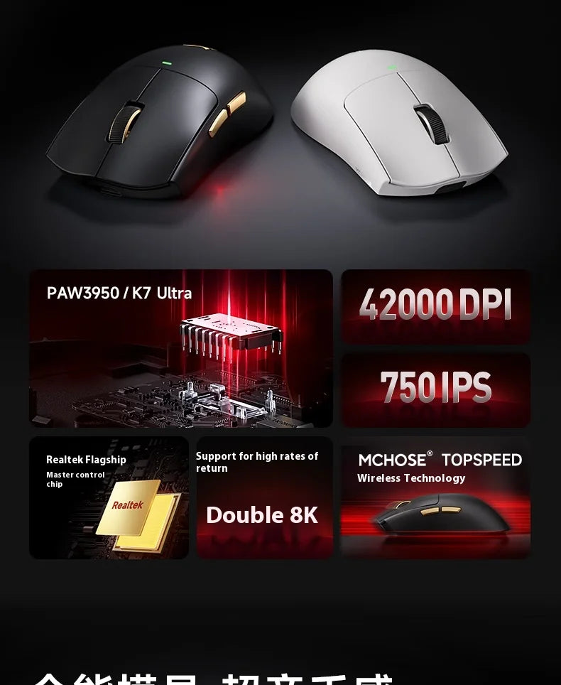 MCHOSE K7 Ultra Wireless Mouse Lightweight Gaming E-sports Mouse Wired /2.4G/ Bluetooth 3 Modes PAW3950 Dual Drive PC Accessorie