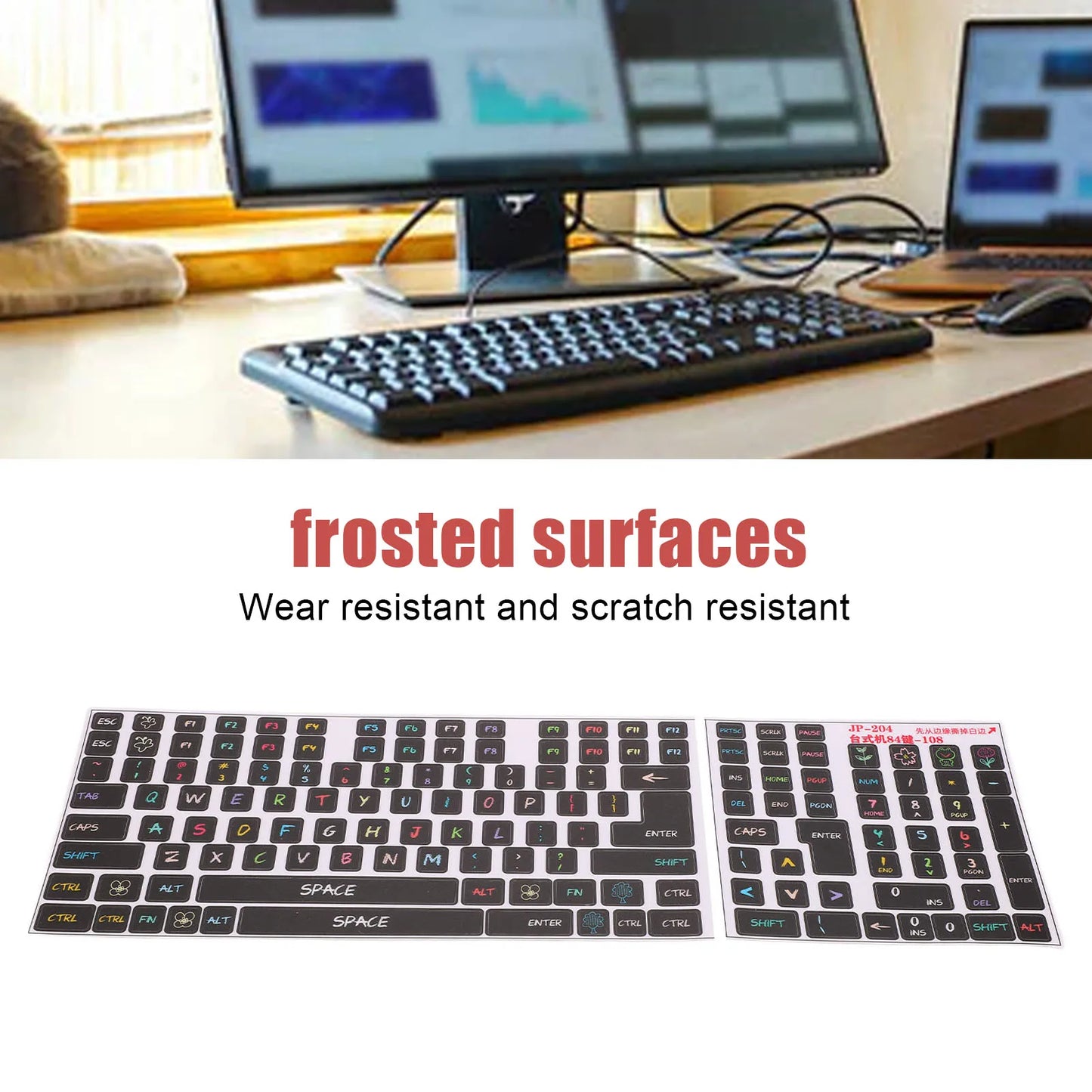 2 Pcs Keyboard Stickers PVC Decorative General Desktop Computer Keycaps Stickers for 84 to 108 Keys Keyboard