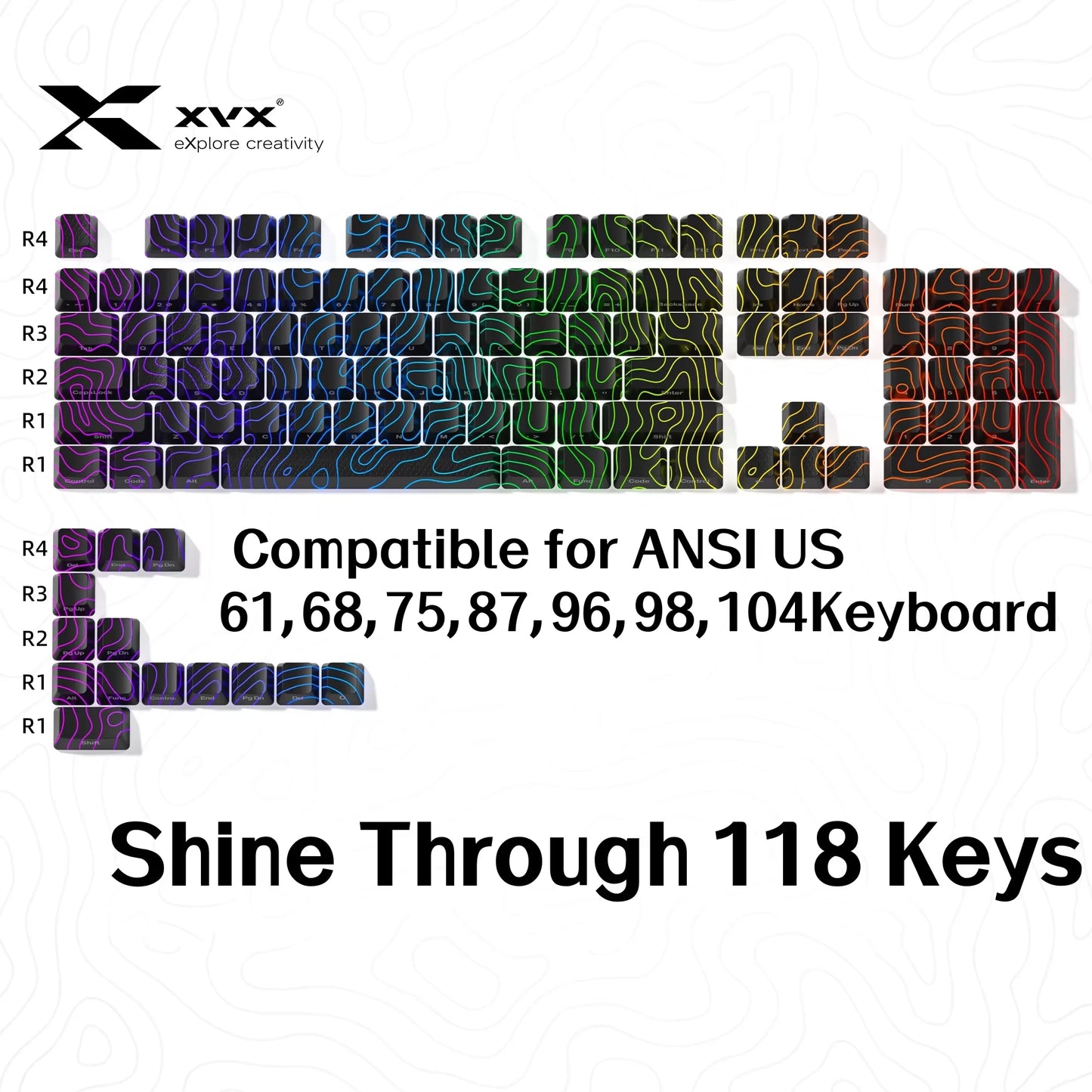 XVX 地形新版圖案透光 OEM 輪廓 IMD 技術鍵帽套裝 118 鍵