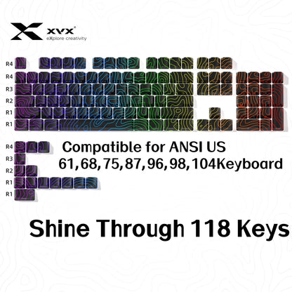 XVX 地形新版圖案透光 OEM 輪廓 IMD 技術鍵帽套裝 118 鍵