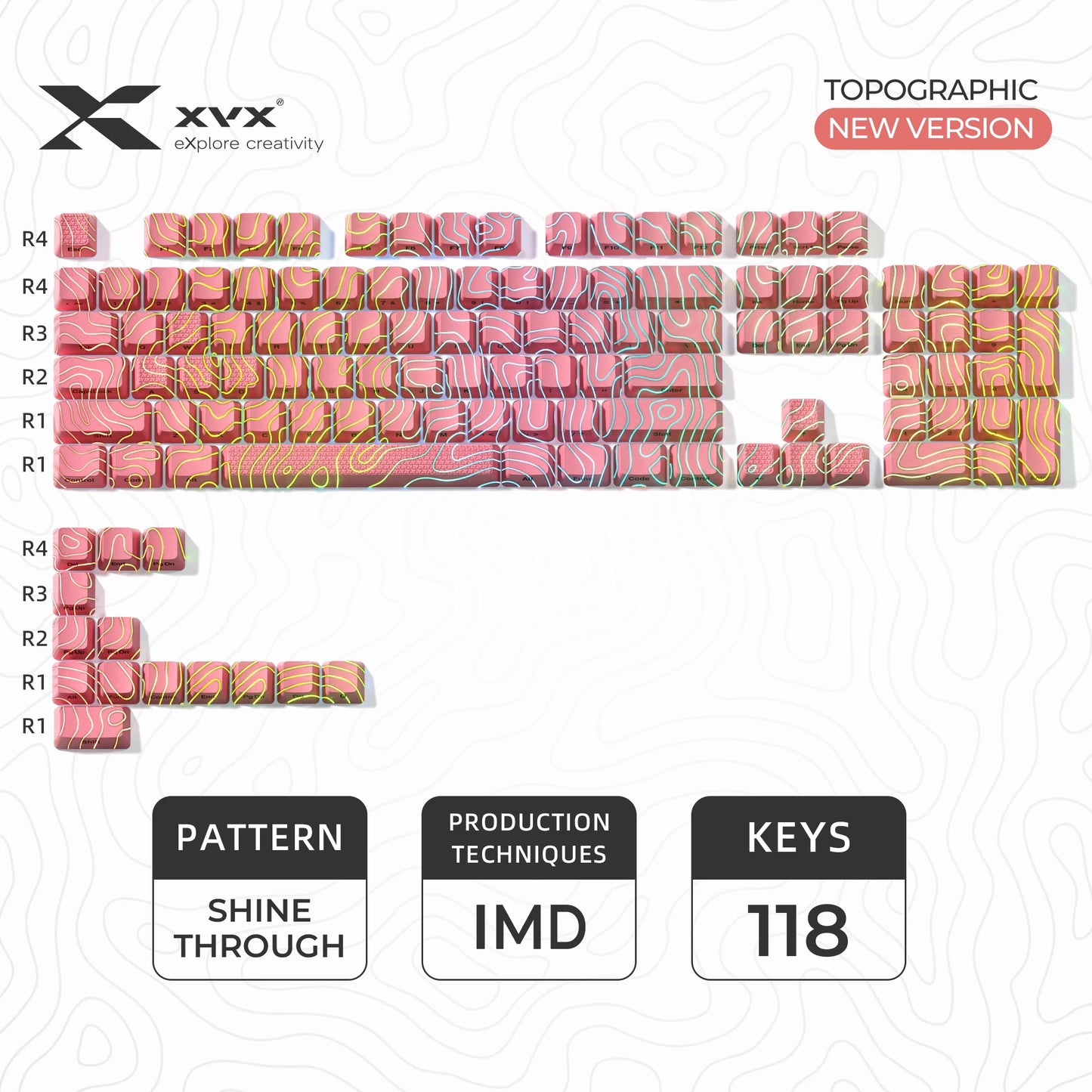 XVX 地形新版圖案透光 OEM 輪廓 IMD 技術鍵帽套裝 118 鍵
