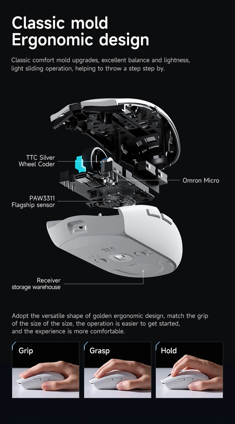 MCHOSE G3 Tri-Mode Wireless Gaming Mouse-PAW3311 Sensor,Type-C 2.4G/Bluetooth/Wired,Ultra-Light Ergonomic for PC/Laptop Gaming