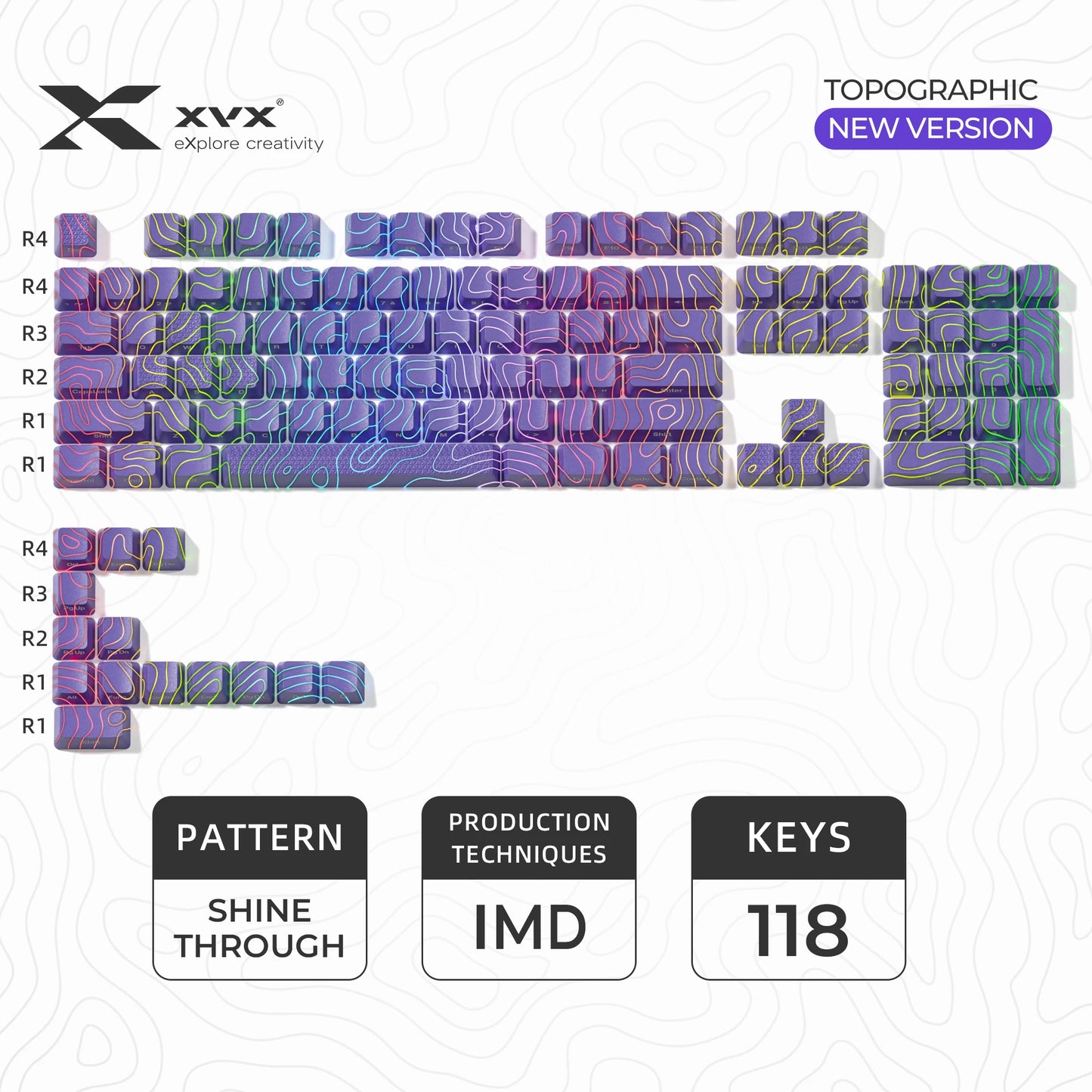 XVX 地形新版圖案透光 OEM 輪廓 IMD 技術鍵帽套裝 118 鍵