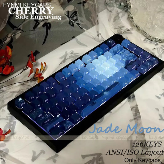 Fynmi Jade Moon ISO/ANSI Cherry Side Engraving 126 keys  PBT Double Shoting keycaps for Mechanical Keyboard