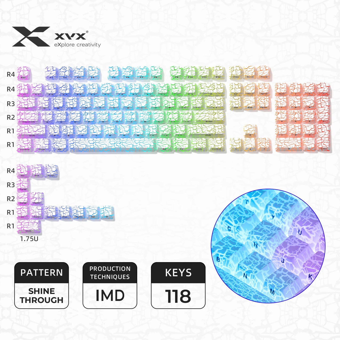 XVX 地形新版圖案透光 OEM 輪廓 IMD 技術鍵帽套裝 118 鍵