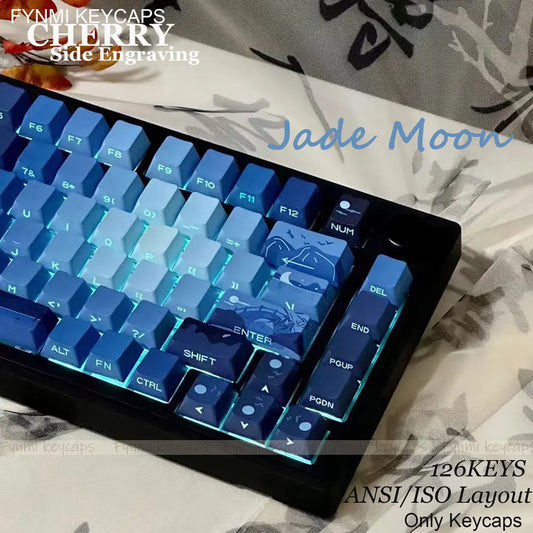 Fynmi Jade Moon ISO/ANSI Cherry Side Engraving 126 keys  PBT Double Shoting keycaps for Mechanical Keyboard