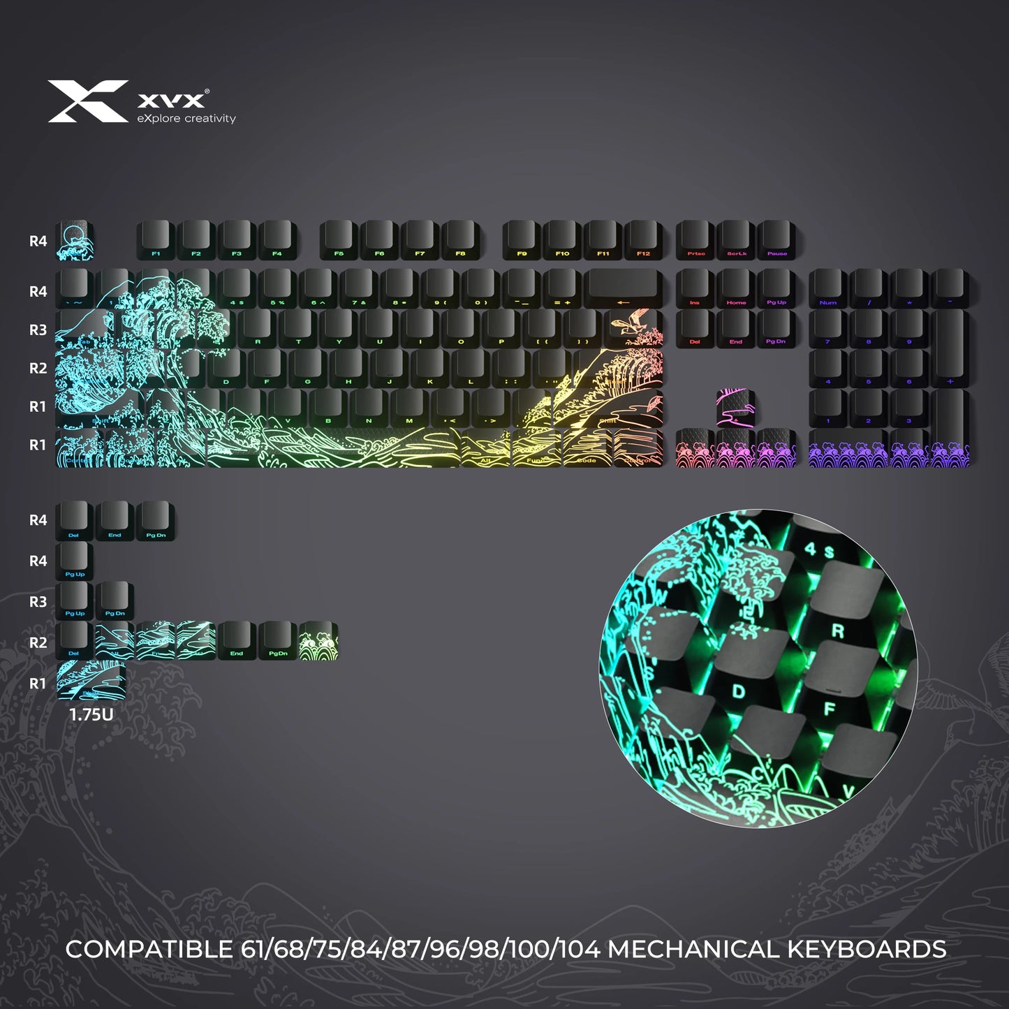 XVX 地形新版圖案透光 OEM 輪廓 IMD 技術鍵帽套裝 118 鍵