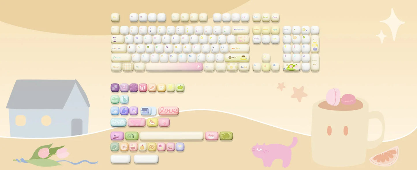 YUNZII Yellow Doodle MOG Dye Sub PBT Keycaps, 138 Keys Custom Cute MOG Profile Keycap Set for Mechanical Gaming Keyboards